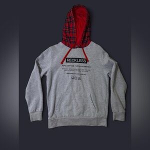 Young & Reckless hoodie in gray with a red plaid hood lining and red drawstrings